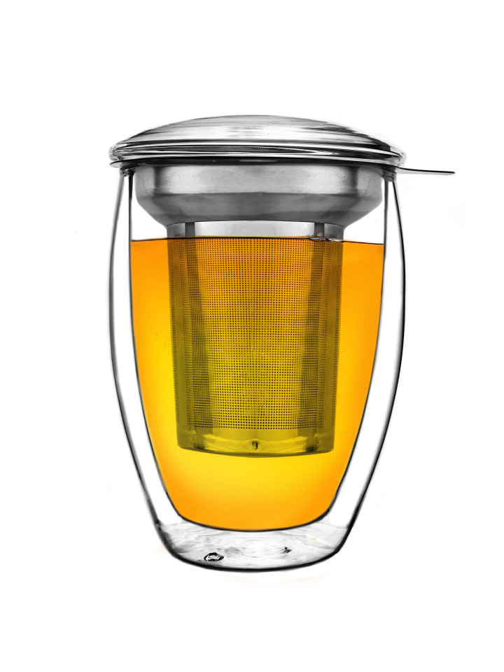 DOPPELWANDIGES THERMOGLAS „ALL-IN-ONE“ 400ml, INKL. EDELSTAHLFILTER, Glas