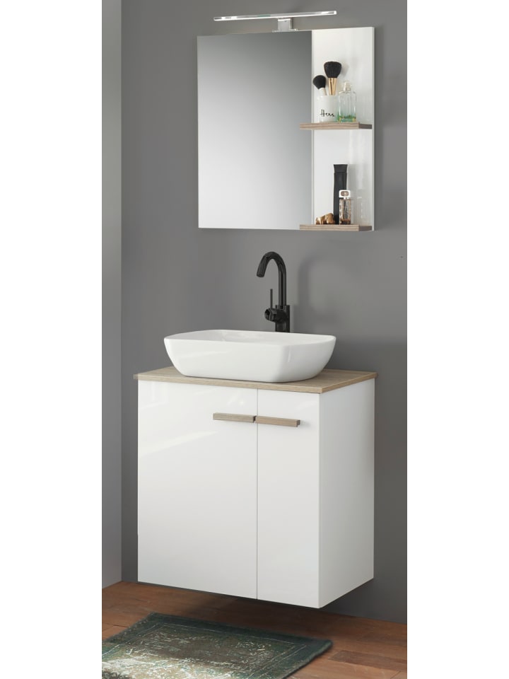 Badmöbel-Set weiß Hochglanz Lack, Eiche mit Waschbecken hängend / stehend