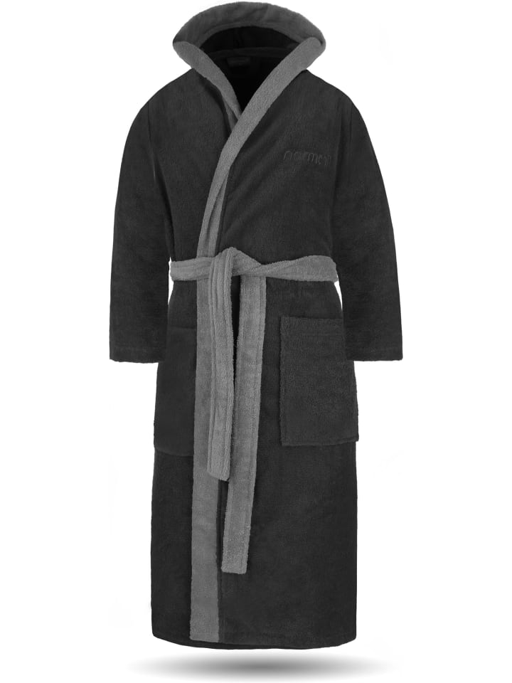 Unisex Baumwoll Bademantel mit Kapuze Izmit in Schwarz/Grau