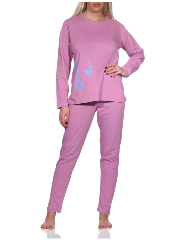 Schlafanzug langarm Pyjama Pyjamahose Tupfen Punkte Optik - 86413 in altrose