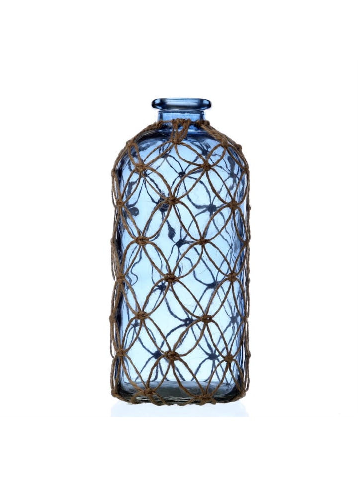 Maritime Dekoflasche mit Juteseil Glasvase H: 25cm in blau