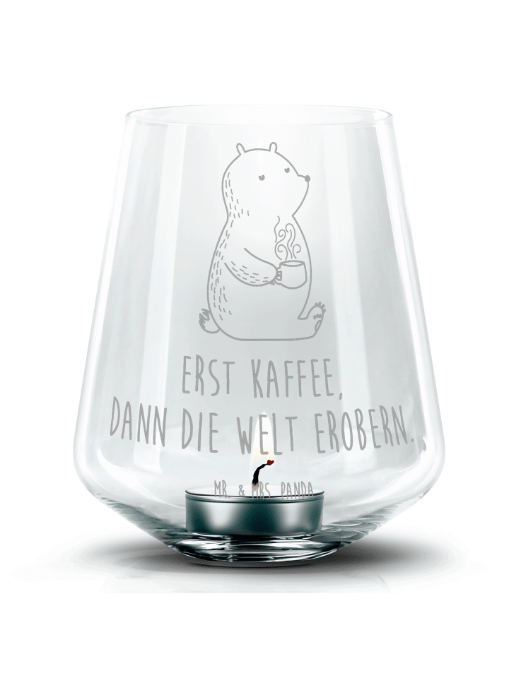 Glas Windlicht Bär Kaffee mit Spruch in Transparent