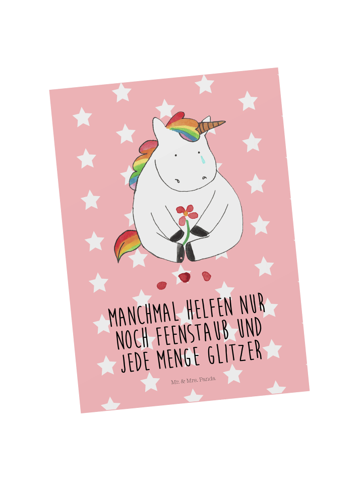 Postkarte Einhorn Traurig mit Spruch in Rot Pastell