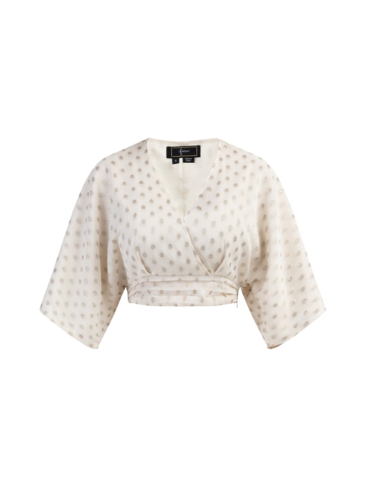 Damen Cropped Blusentop in Wollweiss mit Goldenen Punkten