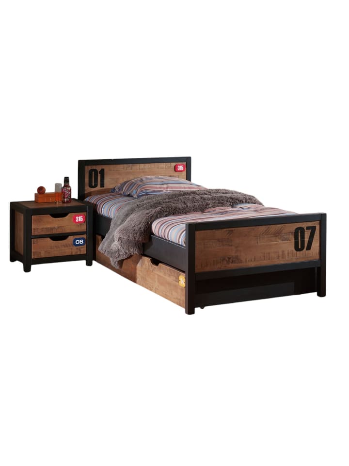 BETT mit Nachtkommode Kameko aus MDF+Massivholz Schwarz/Cognac
