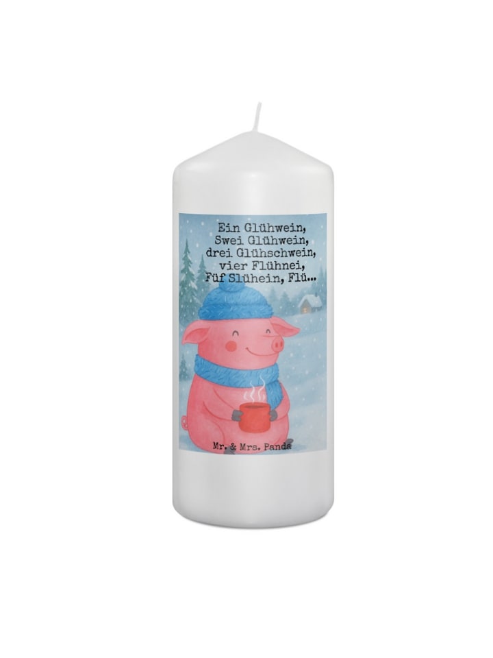 Kerze Schweinchen Glühwein Design mit Spruch in Weiß