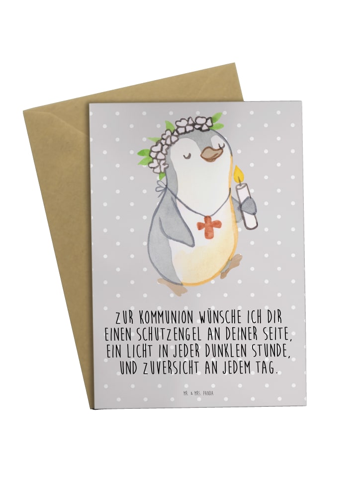 Grußkarte Pinguin Kommunion mit Spruch in Grau Pastell