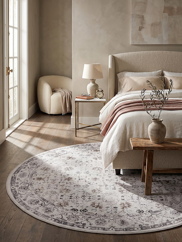 Kurzflor-Teppich VERNANTE waschbar Blütenranken Wohnzimmer Flur in Creme