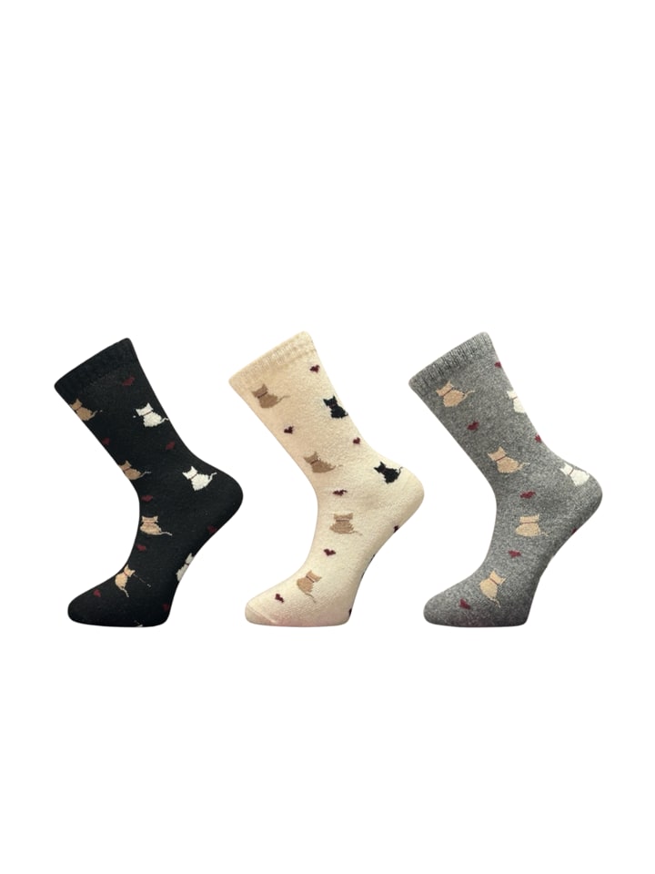 Damen Alpaka-Woll-Socken mit Katzenmotiv im 3er Pack in Grau