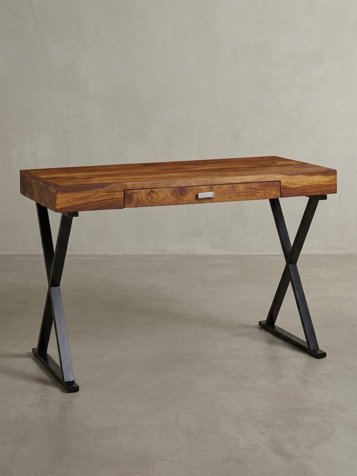 Schreibtisch | Sheesham/Schwarz, 120x55x78cm, Schublade in Schwarz