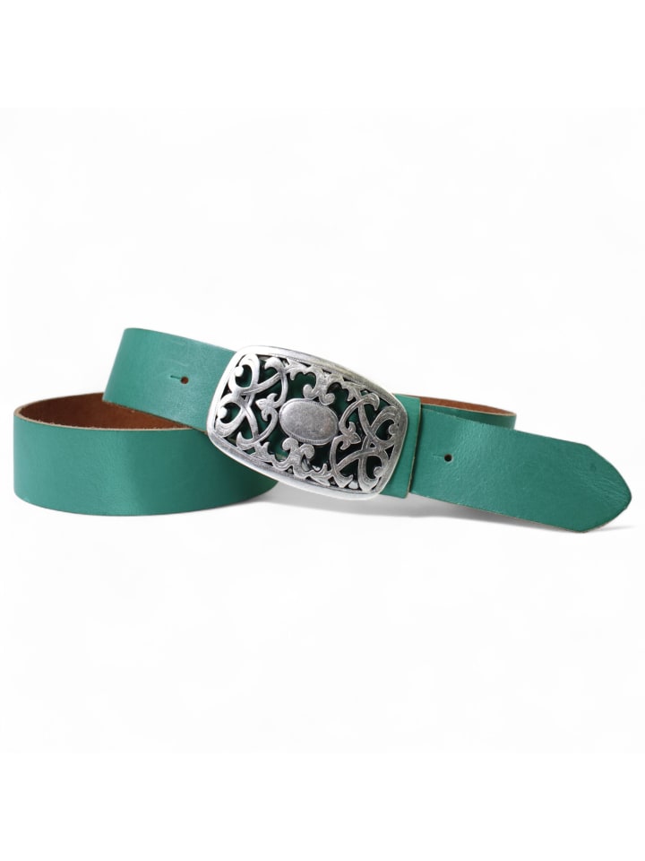 Ledergürtel Blumen Schnalle in Jade