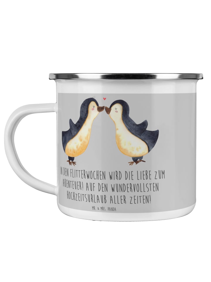 Emaille Tasse Flitterwochen Abenteuer mit Spruch in Heather Grey
