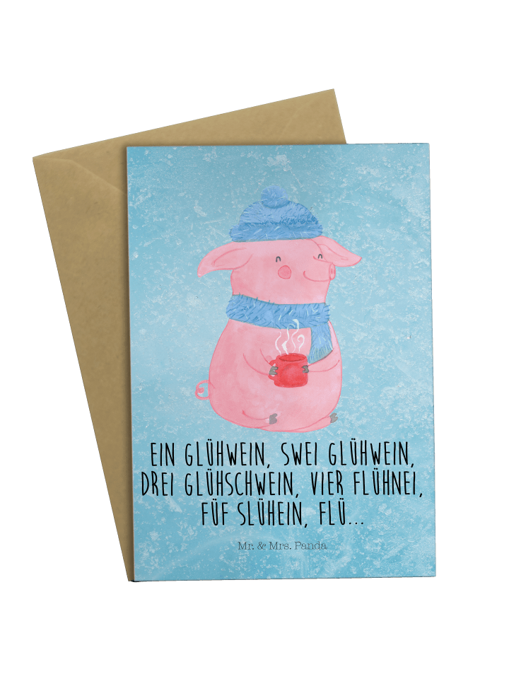 Grußkarte Schweinchen Glühwein mit Spruch in Eisblau