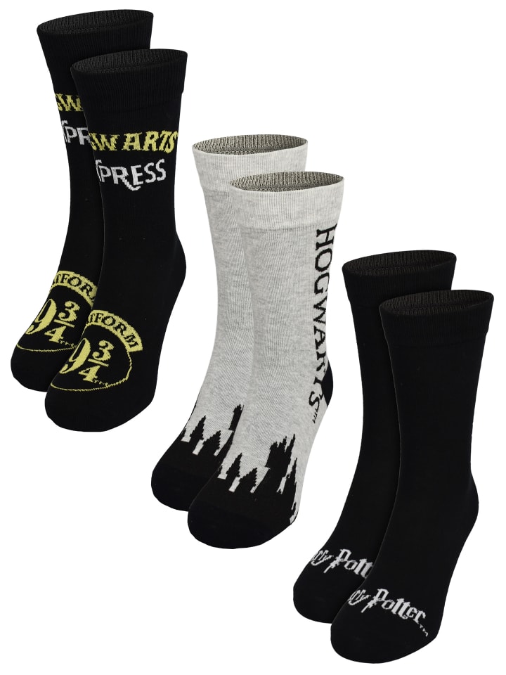3er Pack Harry Potter Socken Hogwarts Platform 9 3/4 Strümpfe in grau/schwarz