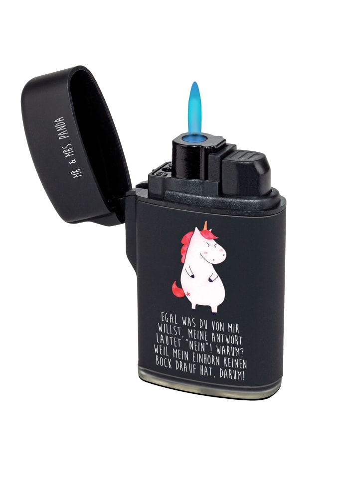 Sturmfeuerzeug Einhorn Wut mit Spruch in Schwarz
