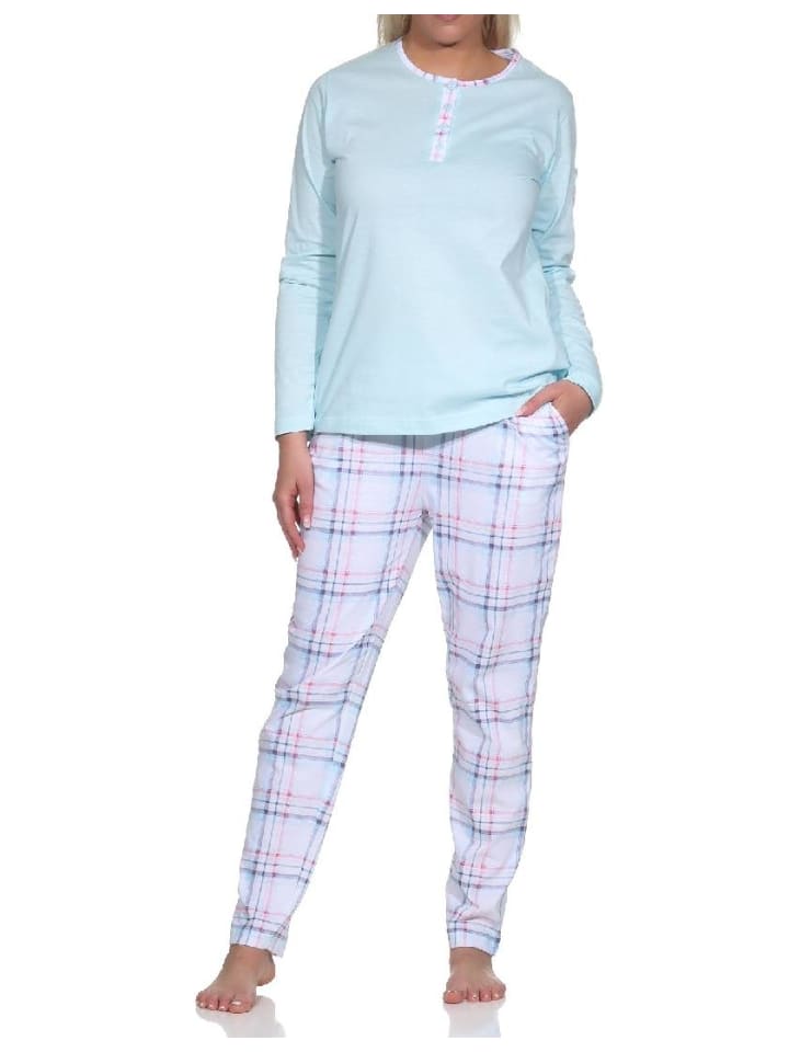 Schlafanzug langarm Pyjama karierter Hose Jersey - 78566 in hellblau