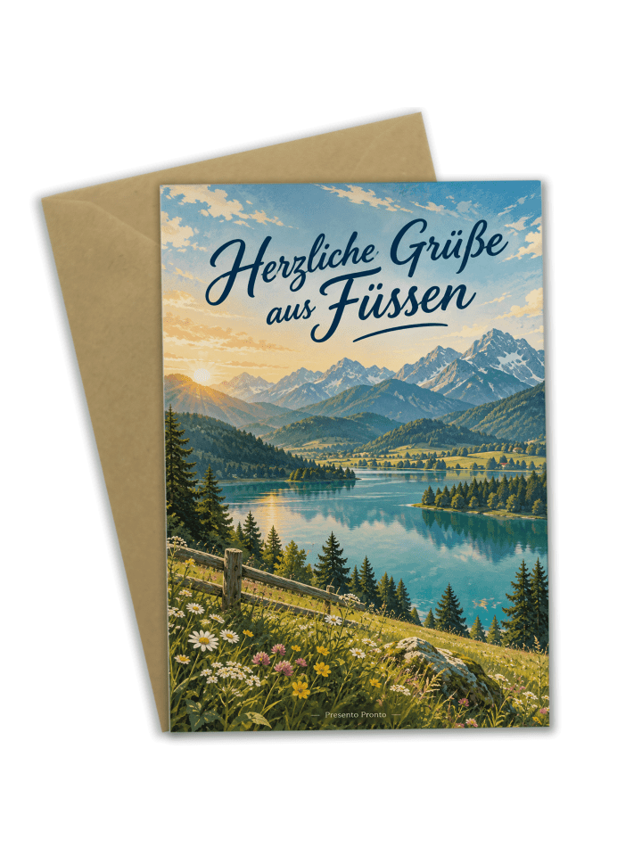 Grußkarte Bergsee malerisch Design mit Spruch in Weiß
