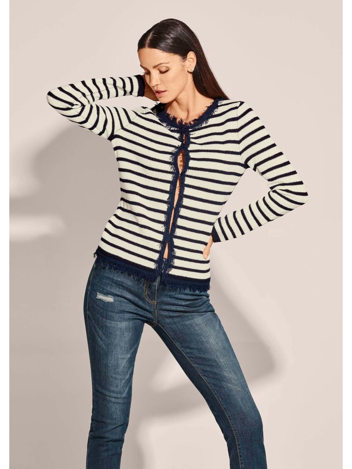 Gestreifte Strickjacke in in Bouclé-Qualität in ecru / marine
