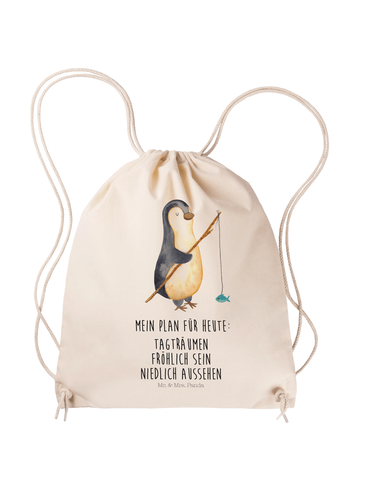 Sportbeutel Pinguin Angler mit Spruch in Creme