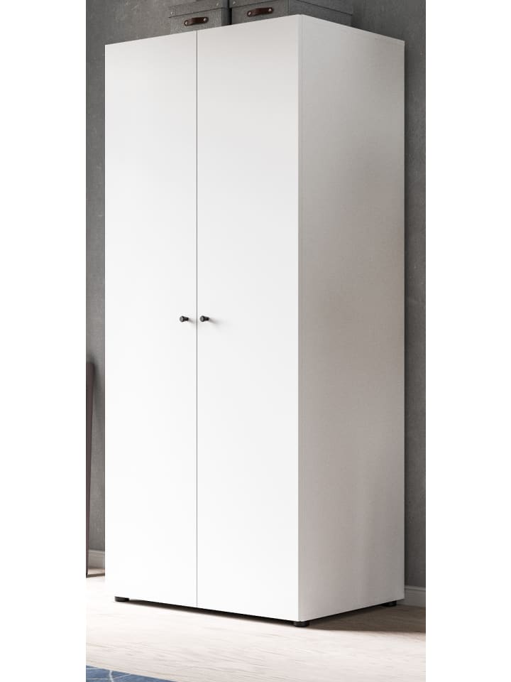 Kleiderschrank weiß 2-türig 80 cm, Drehtürenschrank mit Kleiderstange