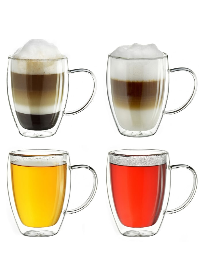 4er Set doppelwandige Thermobecher mit Henkel 400ml h-hoch Glas