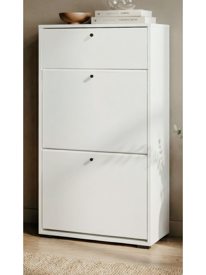 Schuhkipper weiß 58 x 111 cm, Schuhkommode mit Klappen und Schubkasten