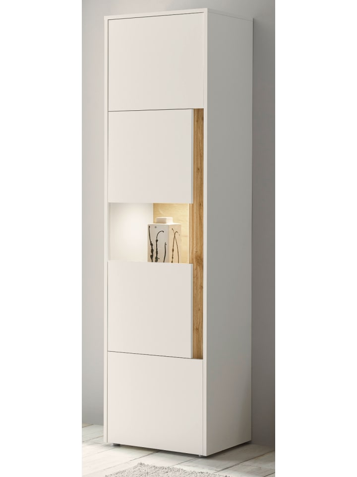 Vitrine weiß, Eiche Wotan 50 x 200 cm, Vitrinenschrank mit 5 Fächern