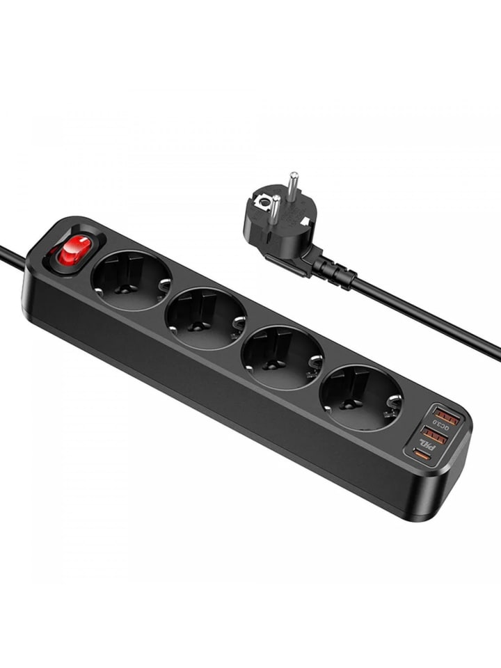 HOCO 4-fach Steckdosenleiste + 2 x USB QC3.0 18W + Typ C PD 20W in Schwarz