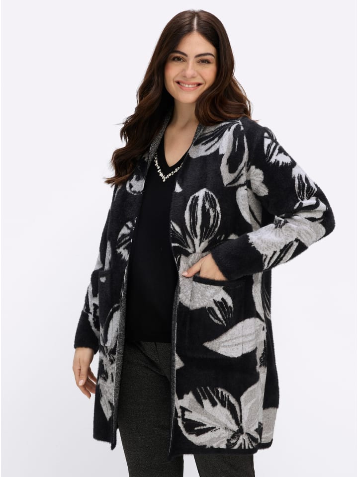 Long-Strickjacke in schwarz-elfenbein-gemustert