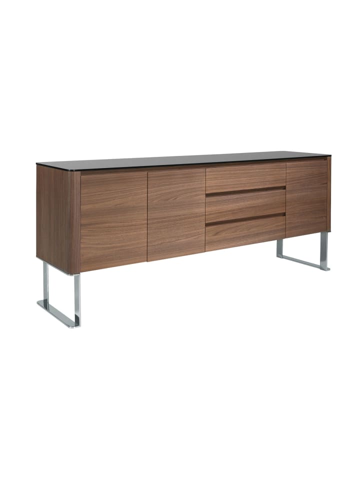 Anrichte 3060 in Walnuss / Stahl / Schwarzes Glas – (B)200 x (H)81 x (T)50 cm