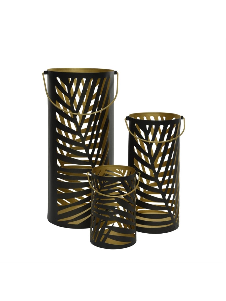 3er Sent Laternen mit Blattmotiv und Henkel in schwarz/gold
