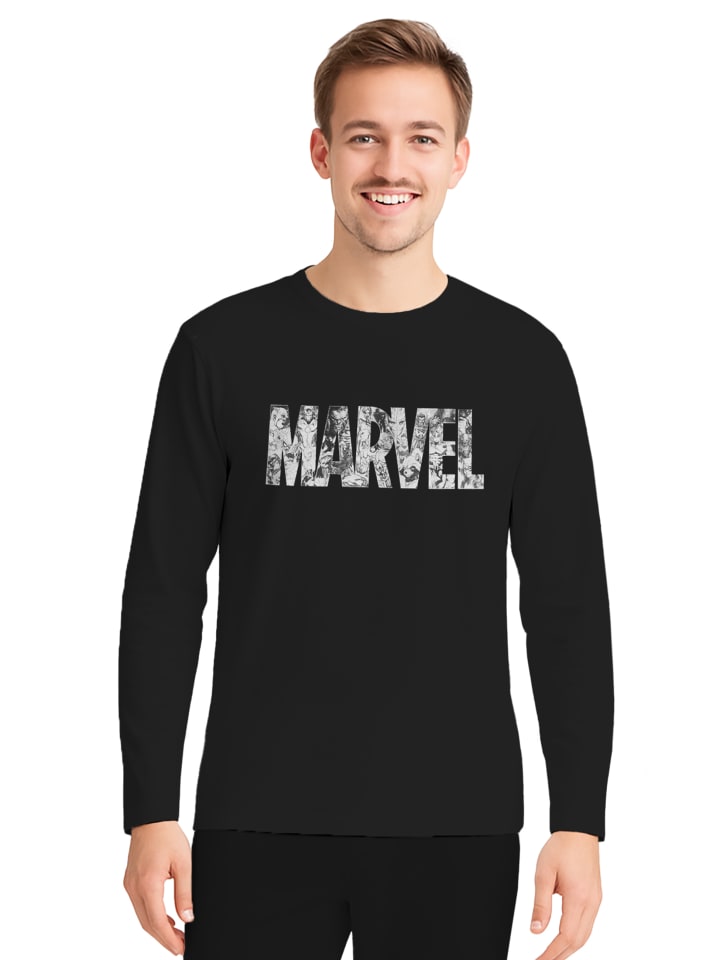 Marvel Schlafanzug Pyjama Set Langarm Oberteil mit Hose in schwarz