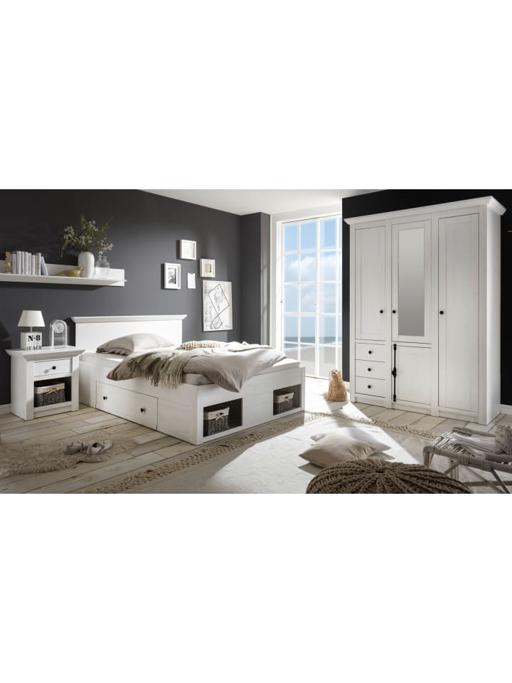 Schlafzimmer Pinie weiß Set 3-teilig mit Bett, Kleiderschrank und Nachttisch