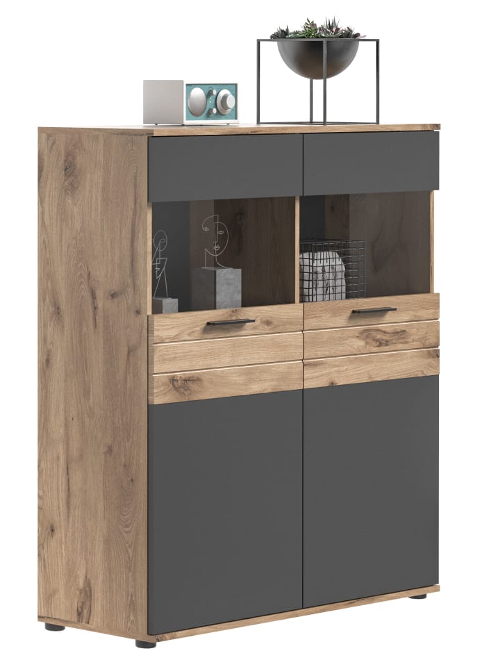 Vitrine    (B/H/T: 110x122x37 cm) in Nox Oak Nachbildung und Basalt grau