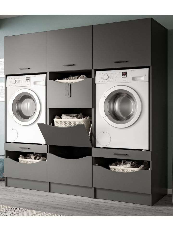 Waschmaschinenschrank grau Set 3-teilig 192 cm für Waschmaschine und Trockner