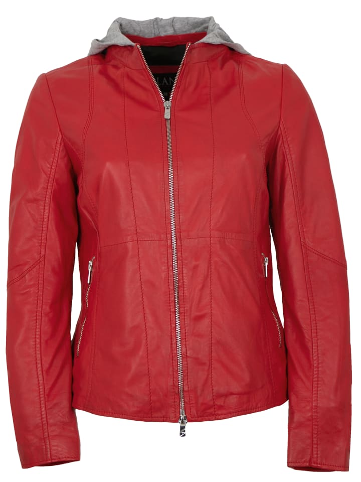 Lederjacke Lammnappa Kapuze in Salsarot