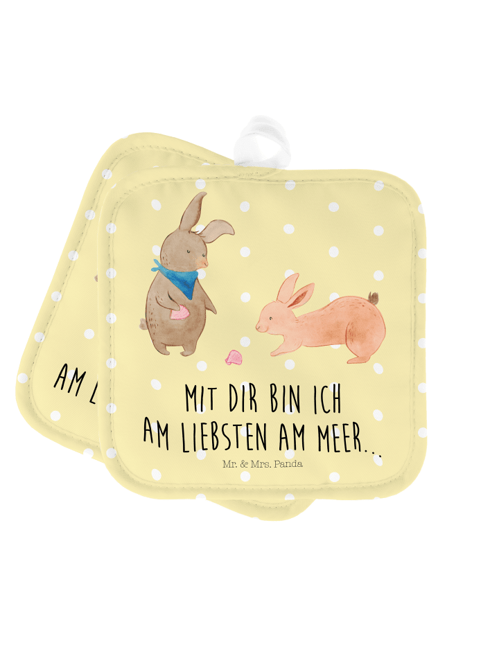 2er Set Topflappen  Hasen Muschel mit Spruch in Gelb Pastell