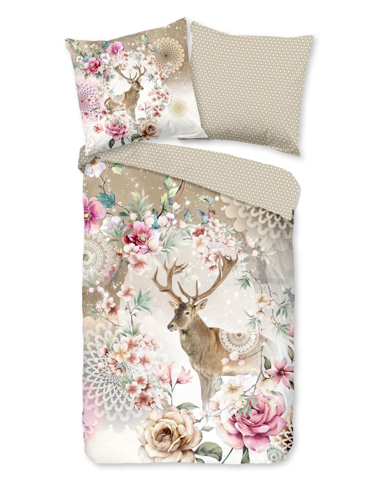 Comfort Flanell Bettwäsche - Geonna - winterlicher Hirsch mit Mandalas und Blumen in braun