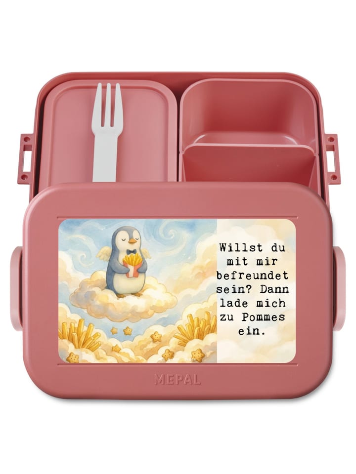 Bento Box Pinguin Engel Pommes Design mit Spruch in Rot Pastell