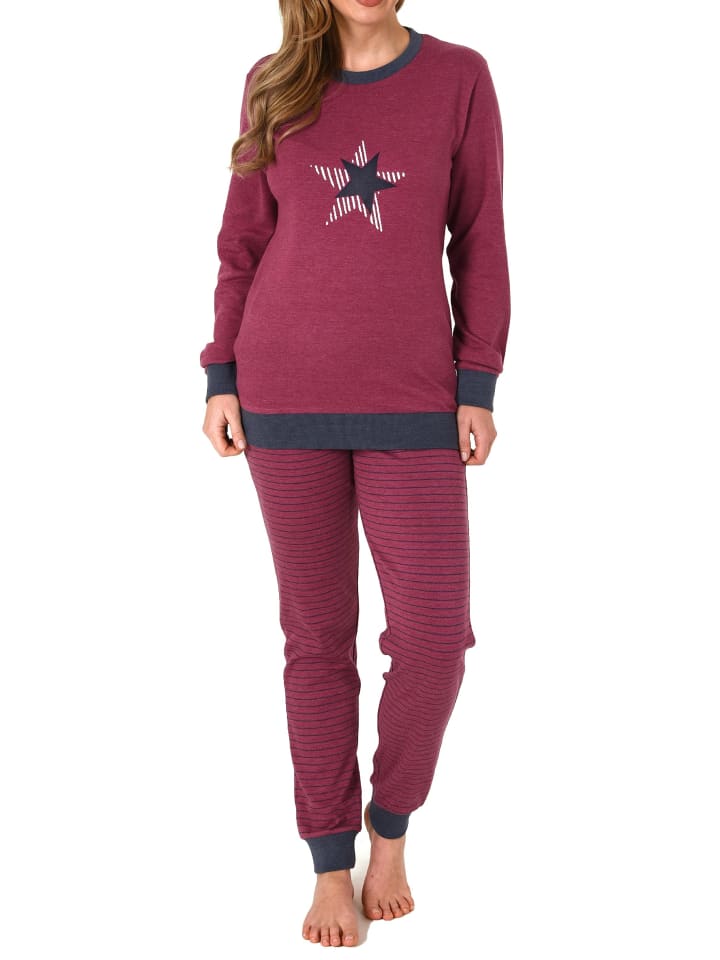 Frottee Pyjama Bündchen und Stern Hose gestreift - 75910 in beere