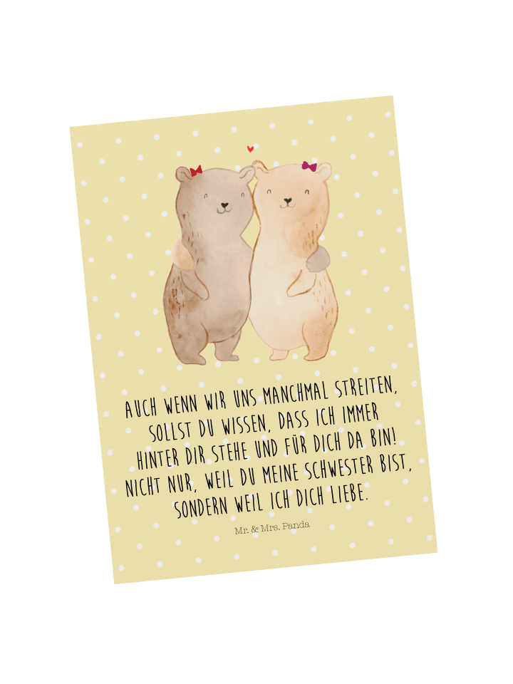 Postkarte Bären Schwestern mit Spruch in Gelb Pastell