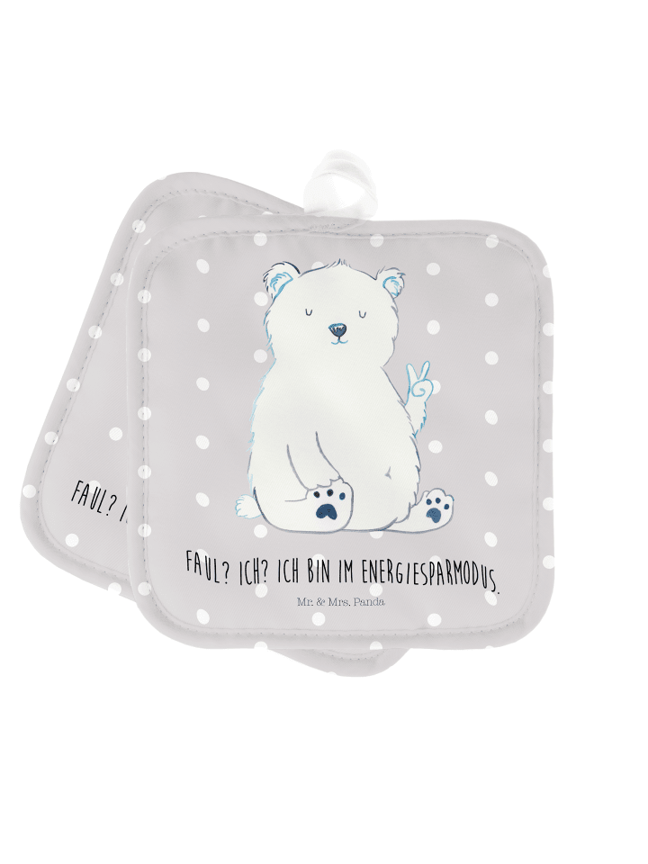Topflappen Eisbär Faul mit Spruch in Grau Pastell
