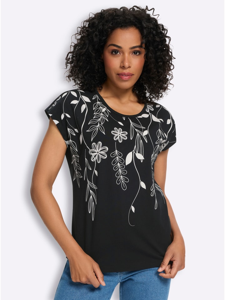 Rundhals-Shirt in schwarz-ecru-bedruckt