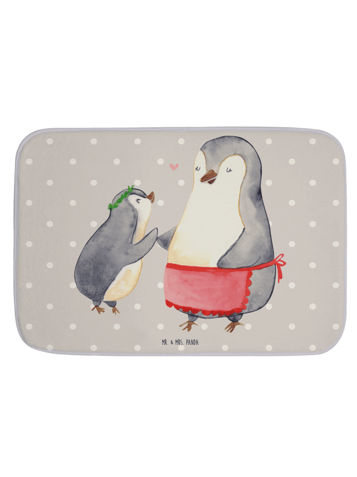 Badteppich Pinguin mit Kind ohne Spruch in Grau Pastell