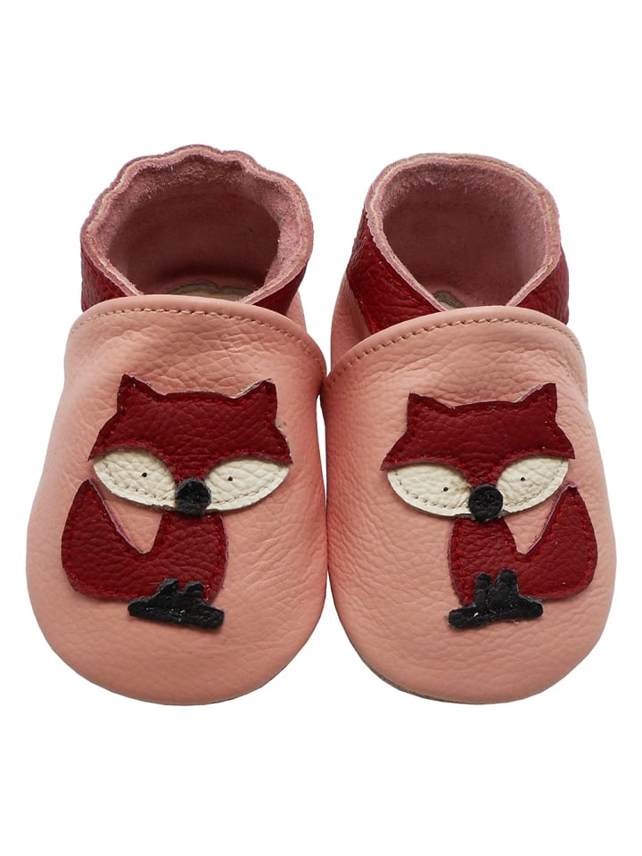 Baby Krabbelschuhe aus Leder mit rutschfester Sohle – Rosa mit Fuchs-Muster