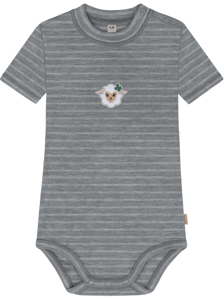 Baby Kurzarm Body - 100% Bio-Merinowolle in Grau gestreift