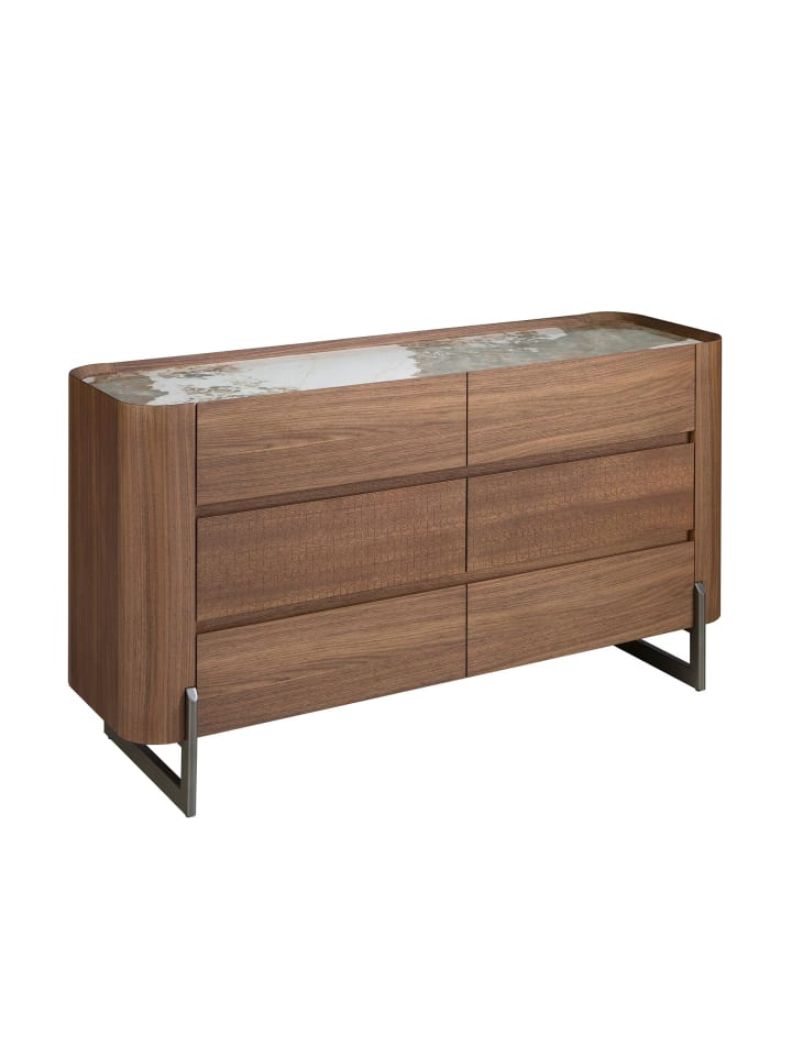 Kommode 7151 in Weiß / Dunkler Stahl / Walnuss – (B)145 x (H)78 x (T)45 cm