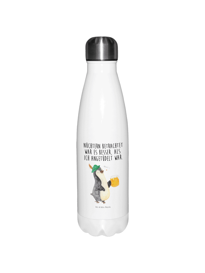 Trinkflasche Pinguin Bier mit Spruch in Weiß
