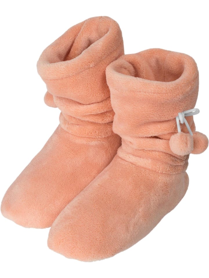 Damen-Fleece-Hausschuhe mit Bommeln in Apricot