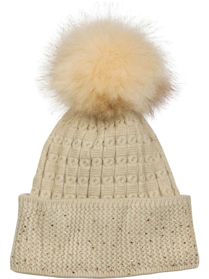 Feinstrick Bommelmütze in Beige